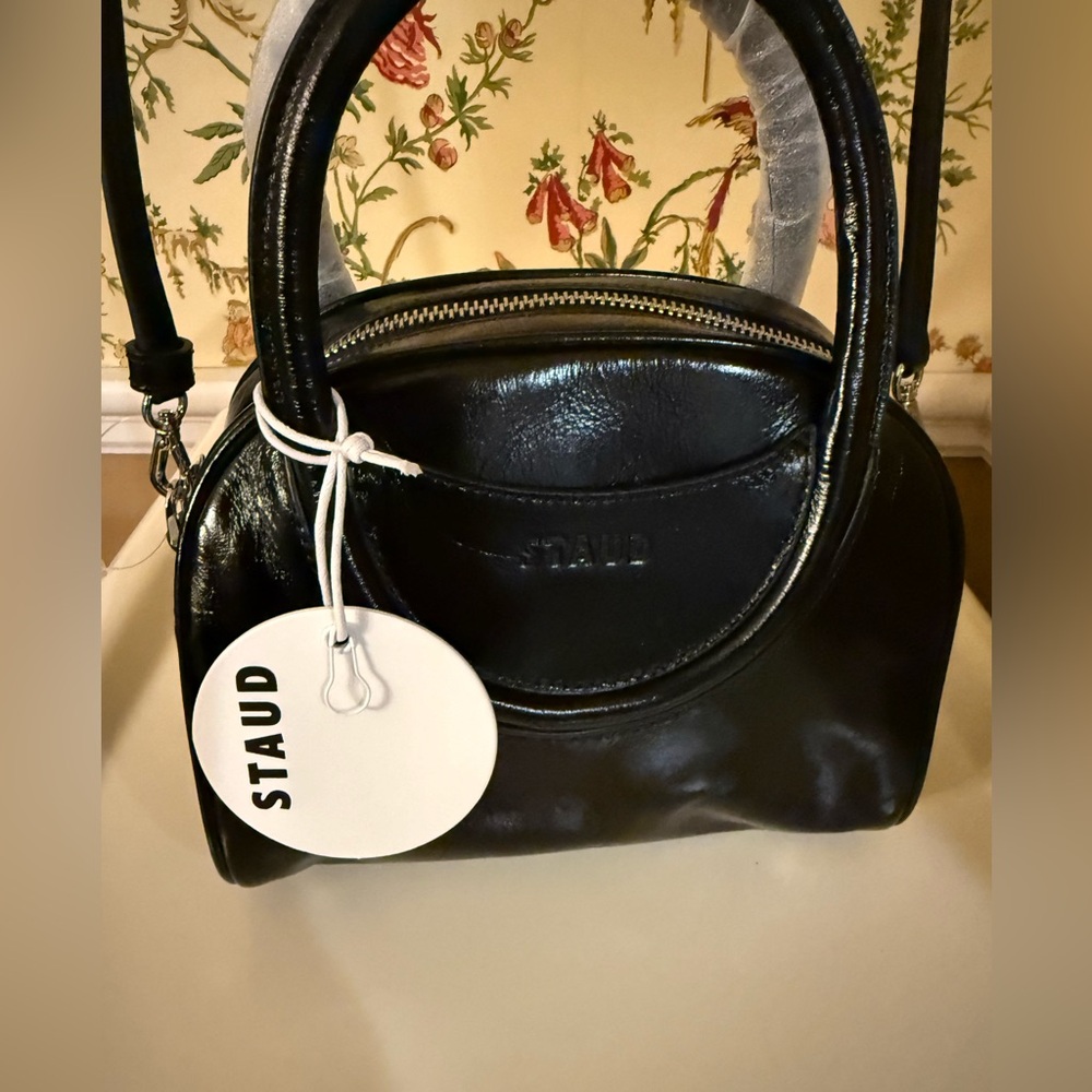 STAUD Black Patent Leather Bowler Bag